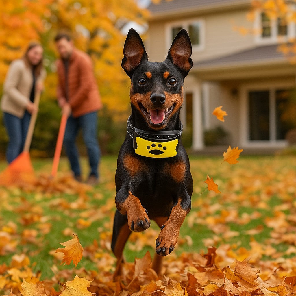 collier anti aboiements hushpawcollar jaune pinscher nain cour automne