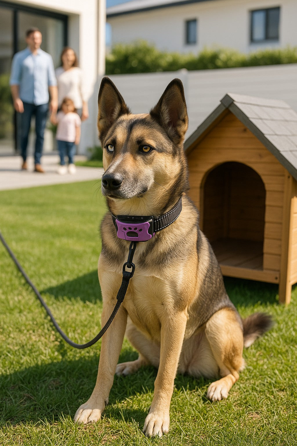 collier anti aboiements hushpawcollar violet husky malinois devant niche