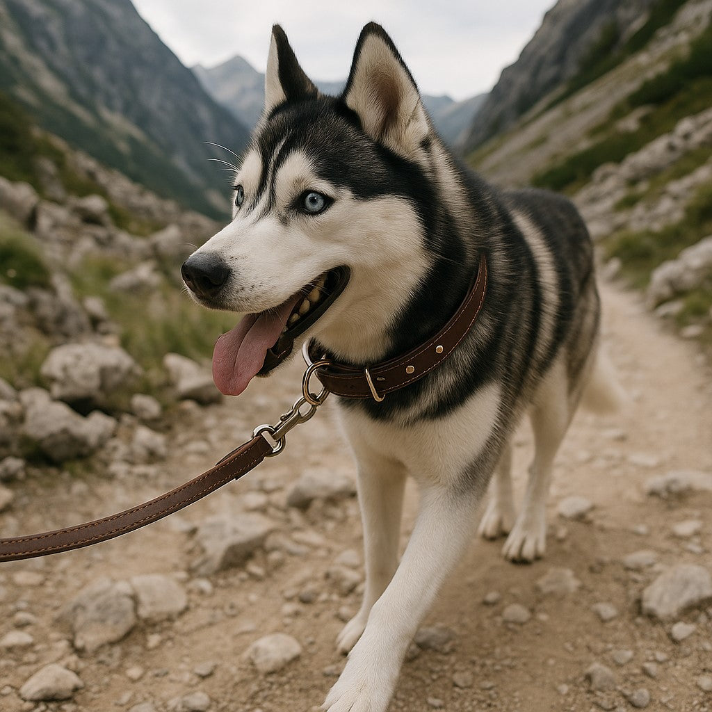 collier chien cuir husky sentier rocheux montagne