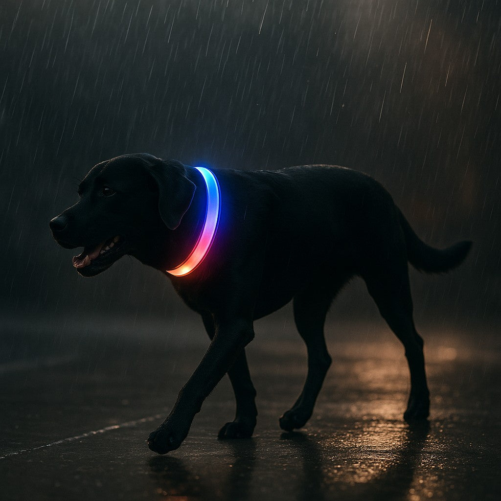 collier lumineux chien shiningcollar chien noir pluie battante