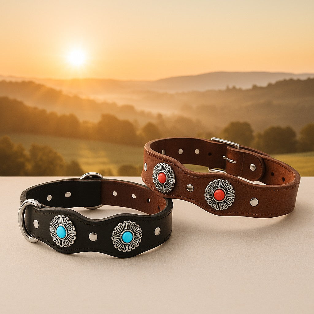 collier pour chien en cuir vintageleathercollar presentation deux colliers paysage