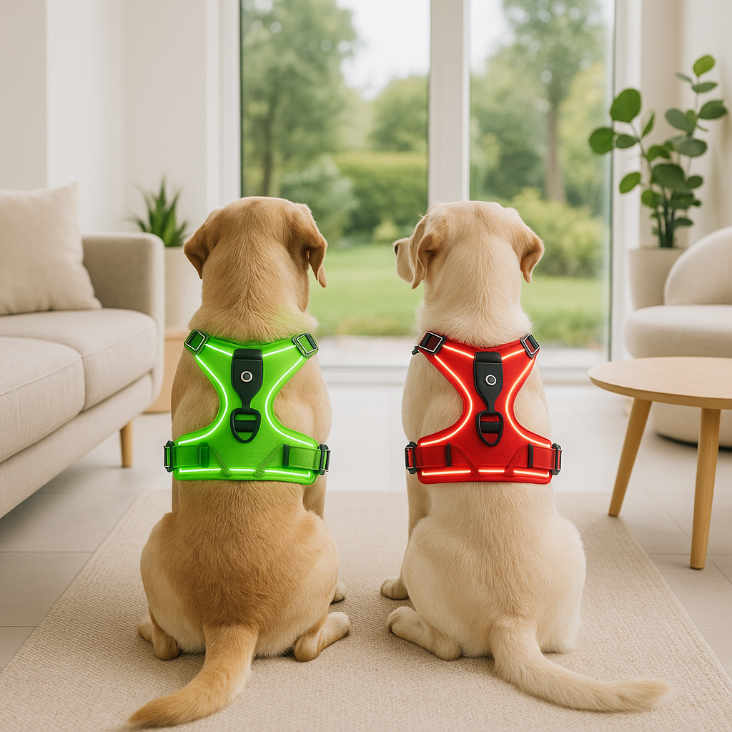harnais pour chien le gardien rouge vert deux labrador
