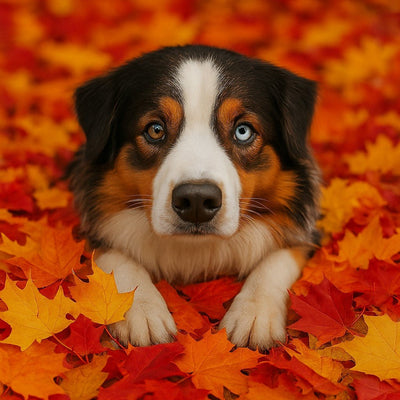 berger australien aux yeux bicolores sous les feuilles d'automne