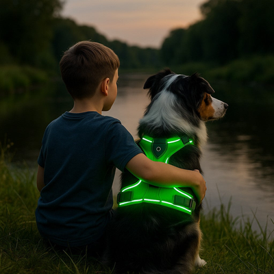 harnais pour chien le gardien enfant qui enlace son chien assis devant la riviere