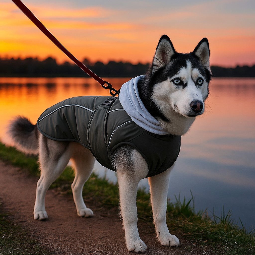chien manteau streetcol noir husky promenade bord lac crepuscule