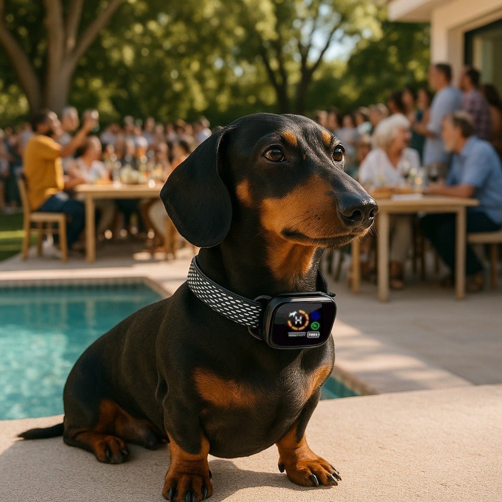 collier anti aboiement pour chien littlenobark daschund rassemblement familial cour arriere piscine