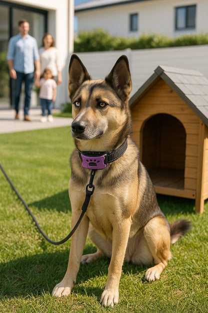 collier anti aboiements hushpawcollar violet husky malinois devant niche
