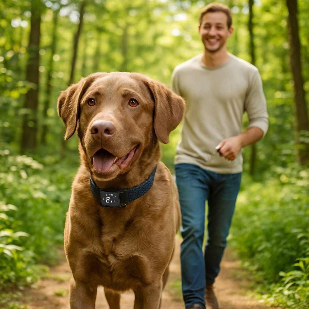 collier anti aboiements pour chien woofcontrol chesapeake bay retriever maitre balade foret