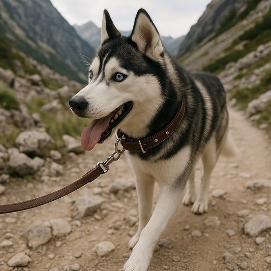 collier chien cuir husky sentier rocheux montagne