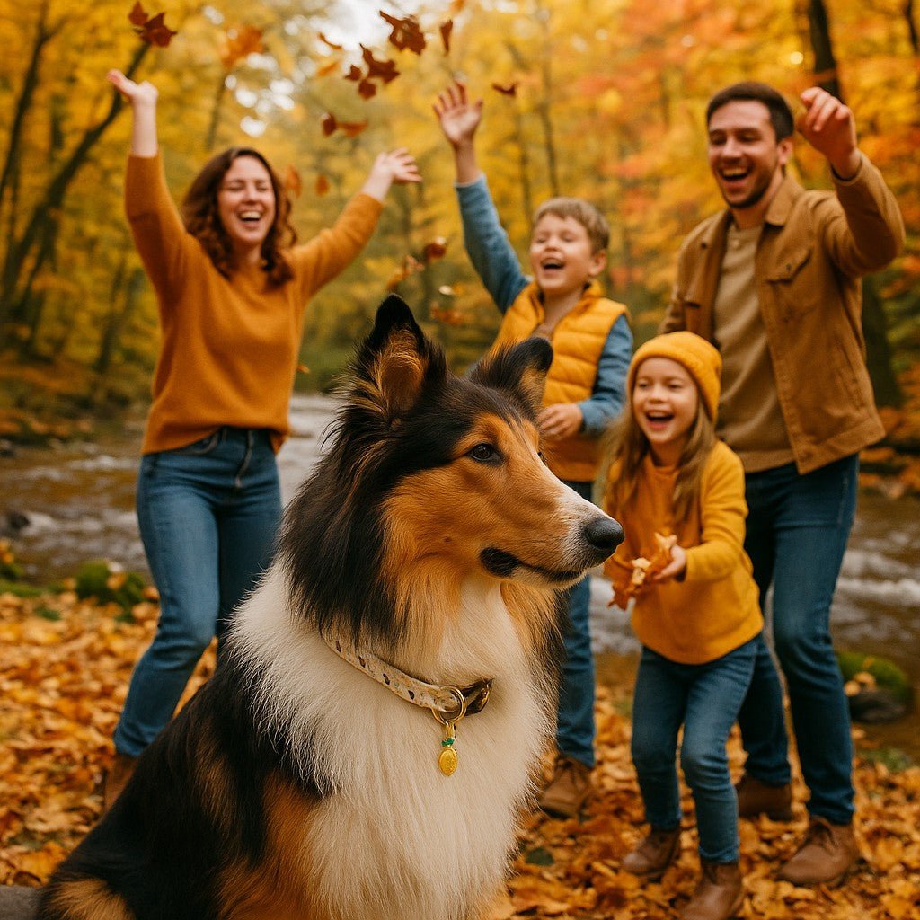 collier chien fruitycharm collie foret automne avec famille