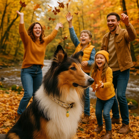 collier chien fruitycharm collie foret automne avec famille