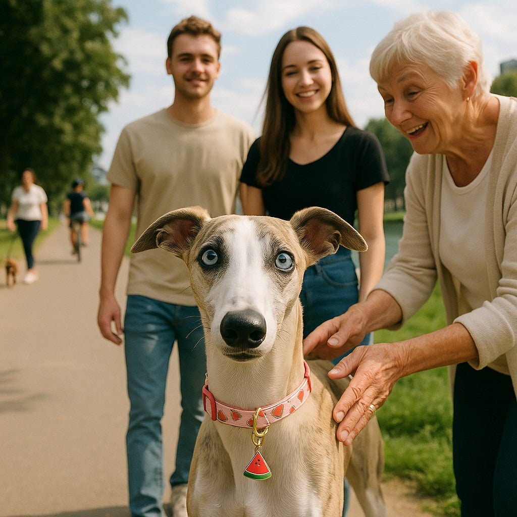 collier chien fruitycharm whippet parc couple vieille dame