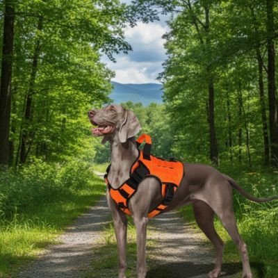 harnais chien anti traction horizon k9 orange braque heureux devant sentier de randonnee