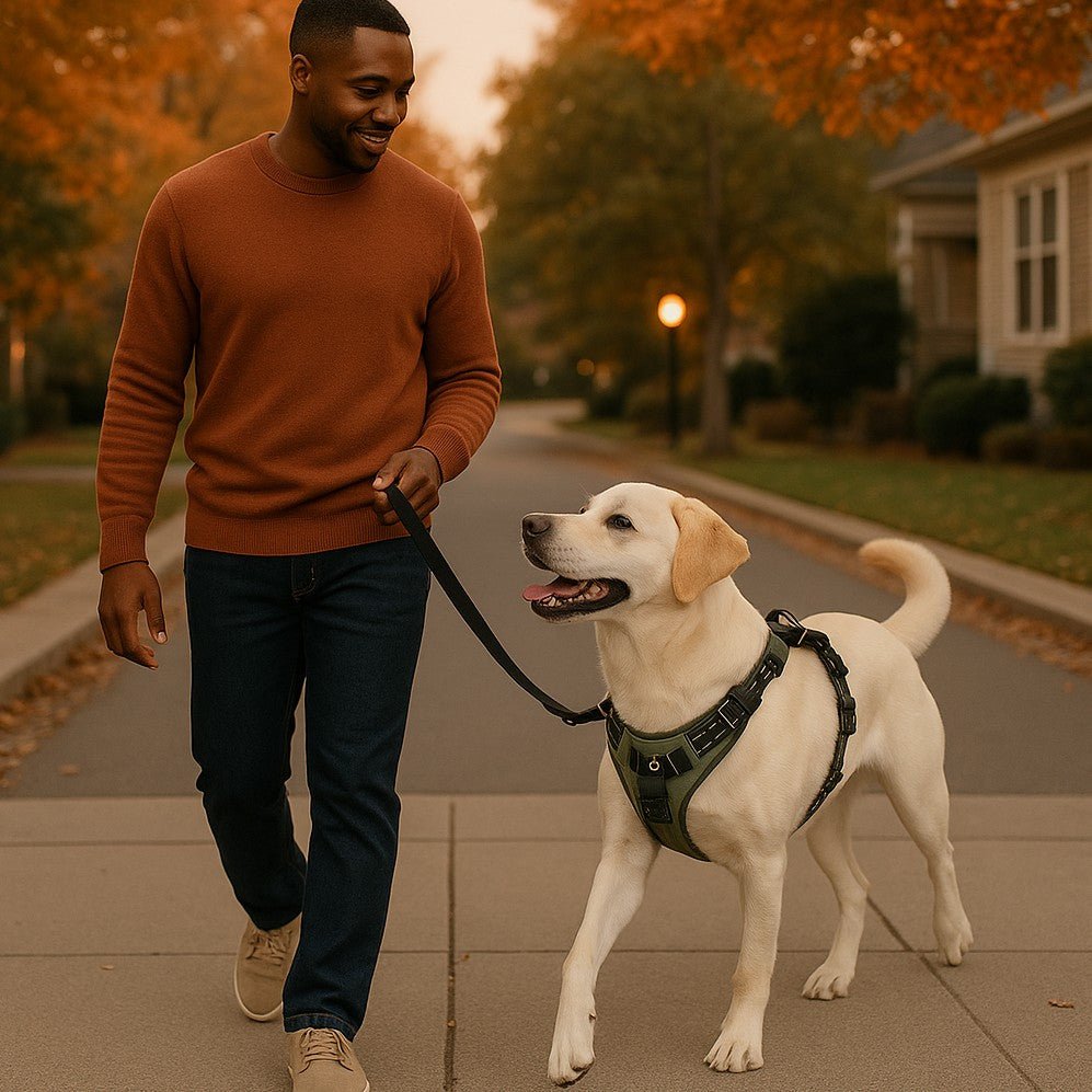 harnais chien anti traction sweetwalker couleur vert labrador maitre quartier automne