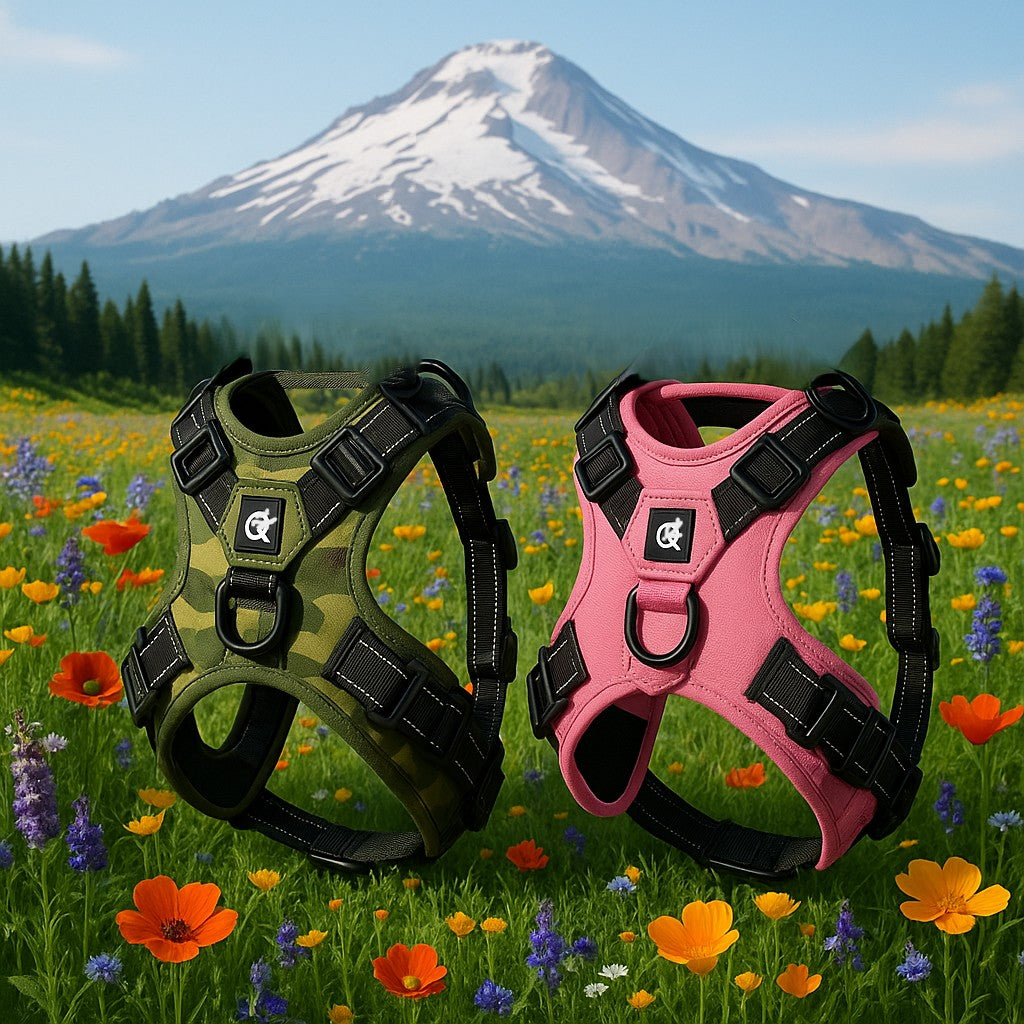 harnais chien anti traction sweetwalker deux couleurs presentoir devant champs montagne