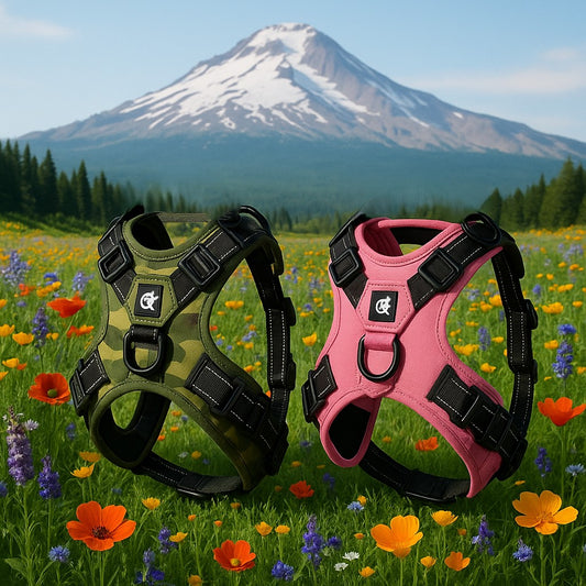 harnais chien anti traction sweetwalker deux couleurs presentoir devant champs montagne