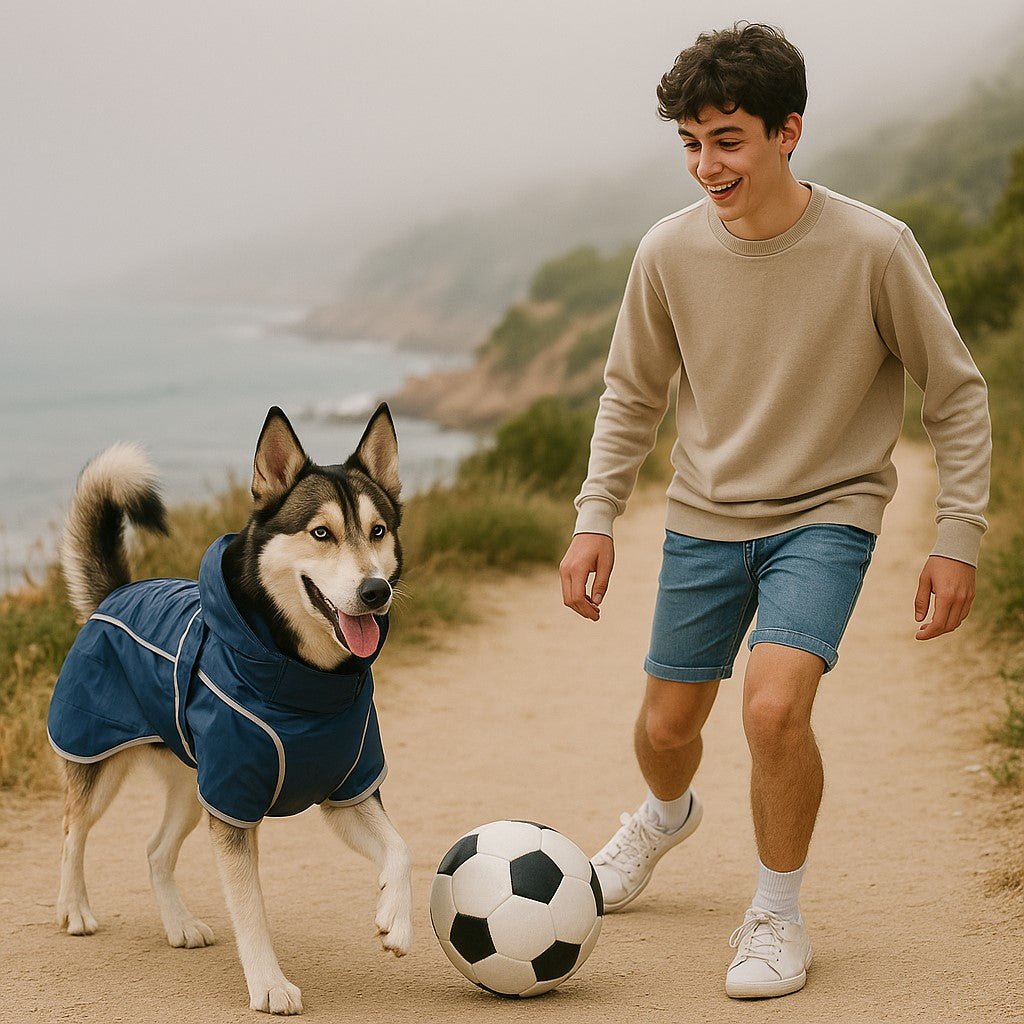 impermeable chien caniprotect bleu husky adolescent jouent football sentier mer