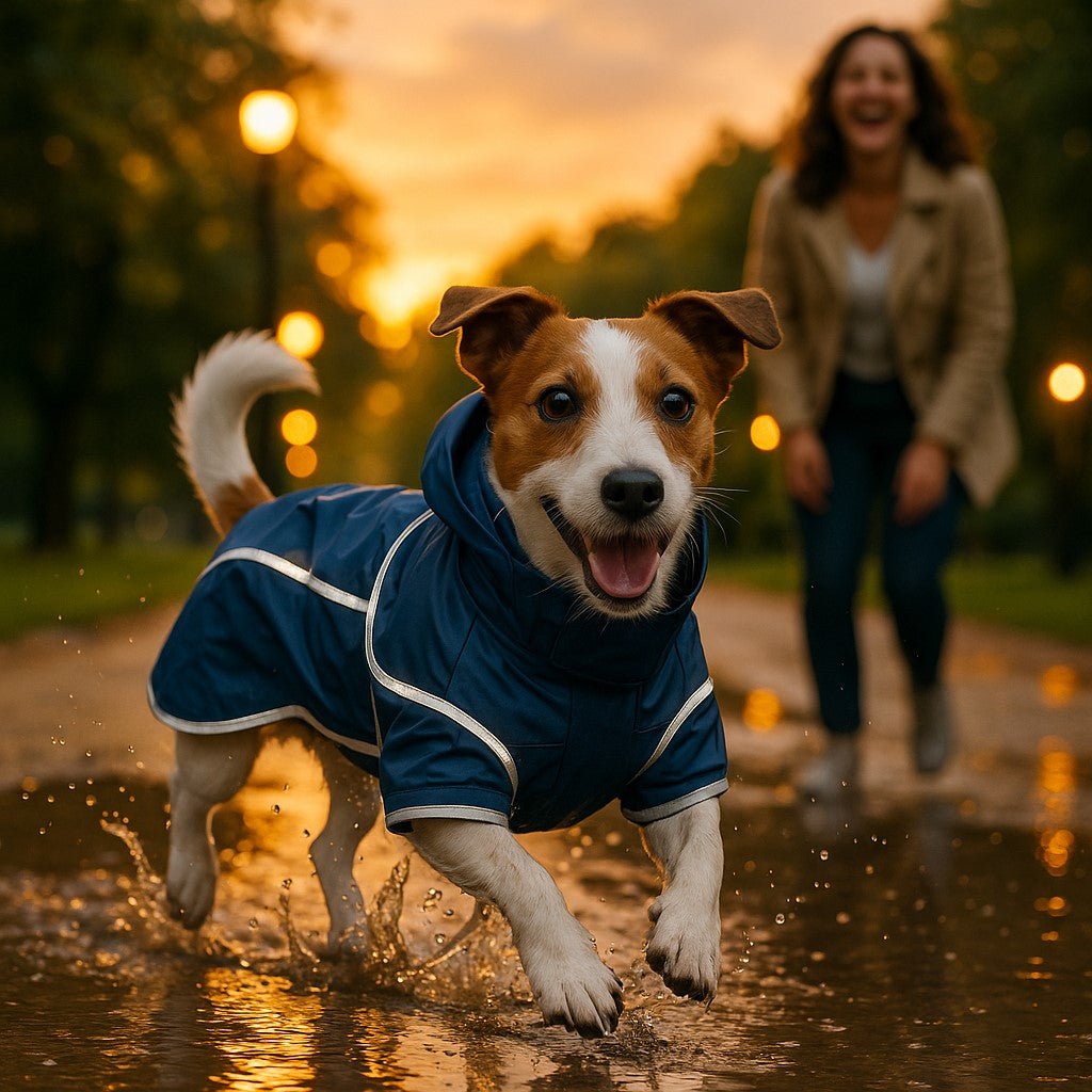 impermeable chien caniprotect bleu jack russell joue flaques apres pluie
