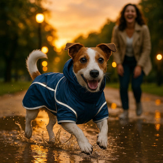 impermeable chien caniprotect bleu jack russell joue flaques apres pluie