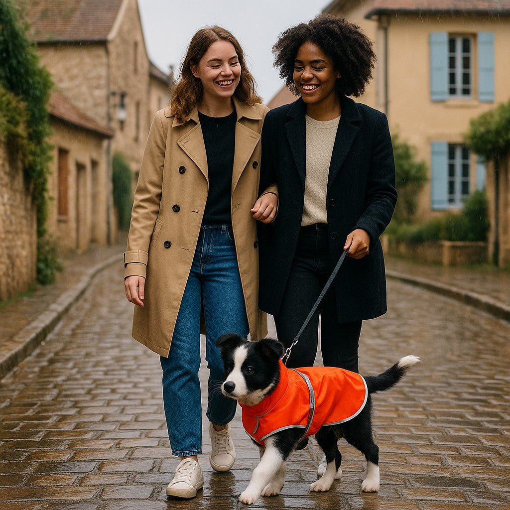 impermeable chien caniprotect rouge border collie avec maitresses balade village