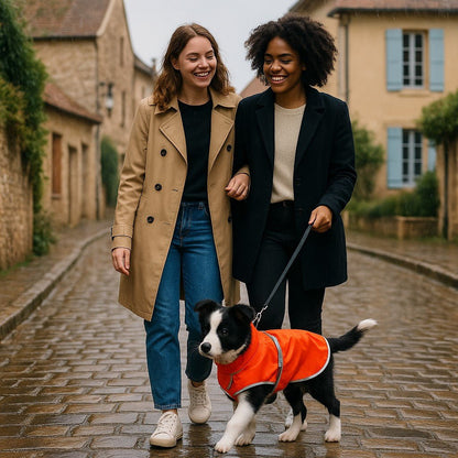 impermeable chien caniprotect rouge border collie avec maitresses balade village