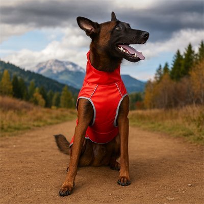 impermeable chien caniprotect rouge chien joyeux assis paysage montagnes