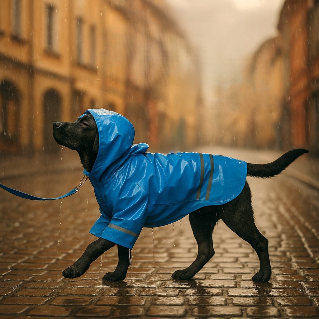 impermeable pour chien keepdry buddy bleu avance paisiblement sous pluie