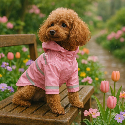 impermeable pour chien keepdry buddy rose caniche assis banc jardin fleuri