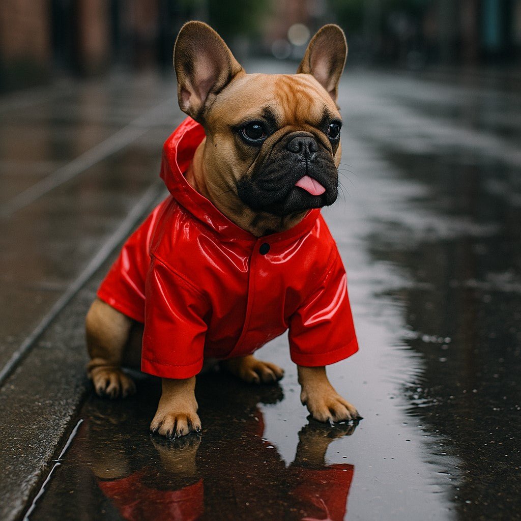 impermeable pour chien keepdry buddy rouge bouledogue francais sagement assis
