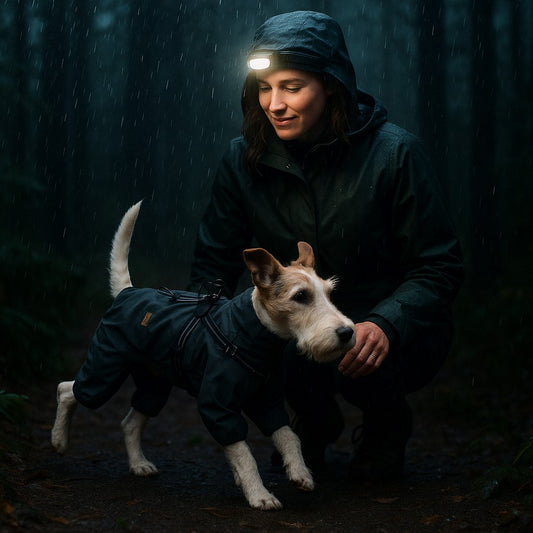 impermeable pour chien weathershield gris filou balade foret de nuit avec mathilde