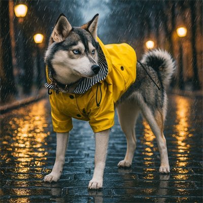 impermeable pour chien yellowmatelot husky sous la pluie rue pavee