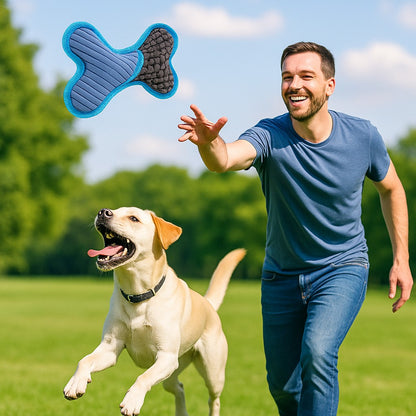 jouet chien funny bone bleu labrador et maitre lance jouet au parc