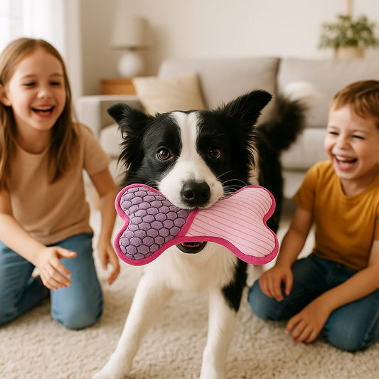 jouet chien funny bone rose border collie joue avec enfants au salon