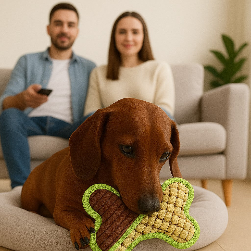 jouet chien funny bone vert teckel dans son lit maitres assis divan