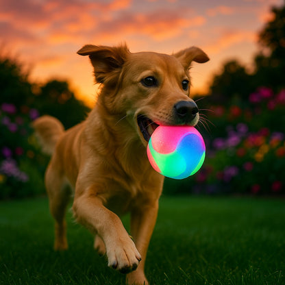 jouet pour chien magic lumiball chien jouant dans le jardin crepuscule