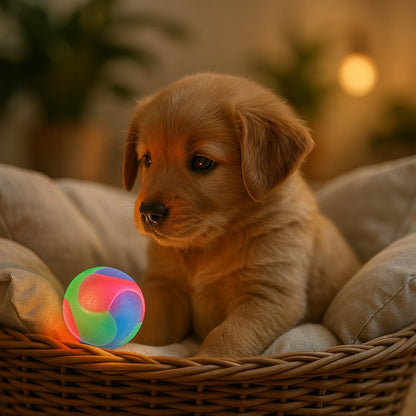 jouet pour chien magic lumiball chiot labrador assis dans un panier osier avec balle