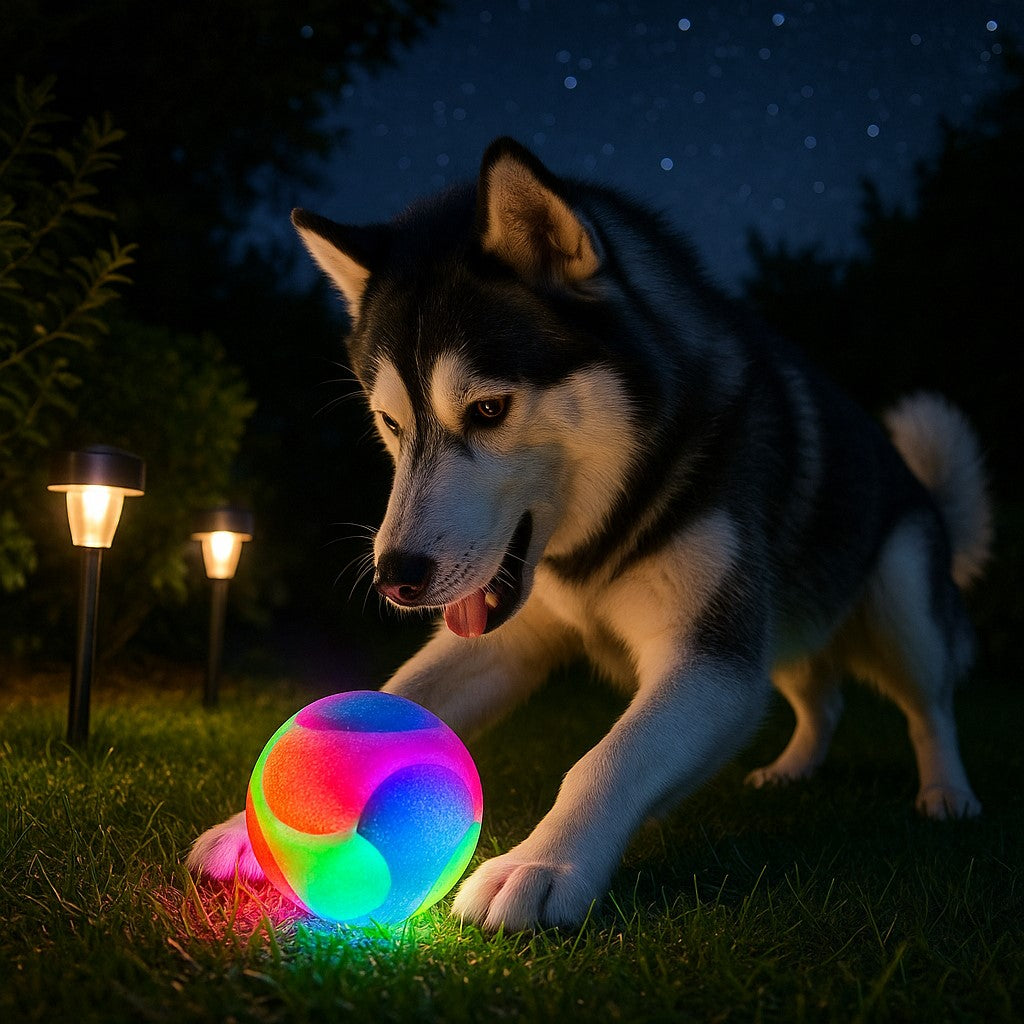 jouet pour chien magic lumiball husky jouant dehors de nuit
