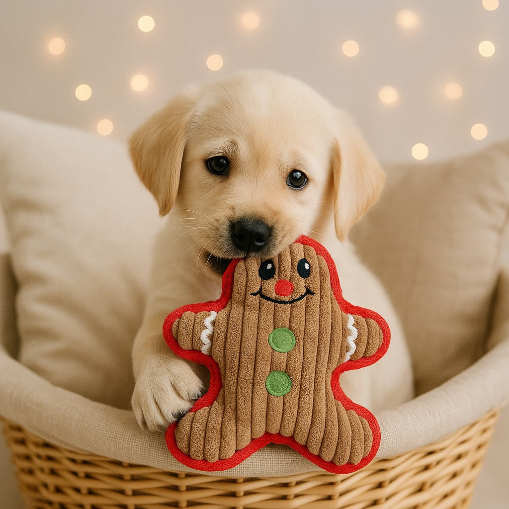 jouet pour chien pawluche de noel bonhomme pain epices chiot labrador assis dans panier osier avec peluche