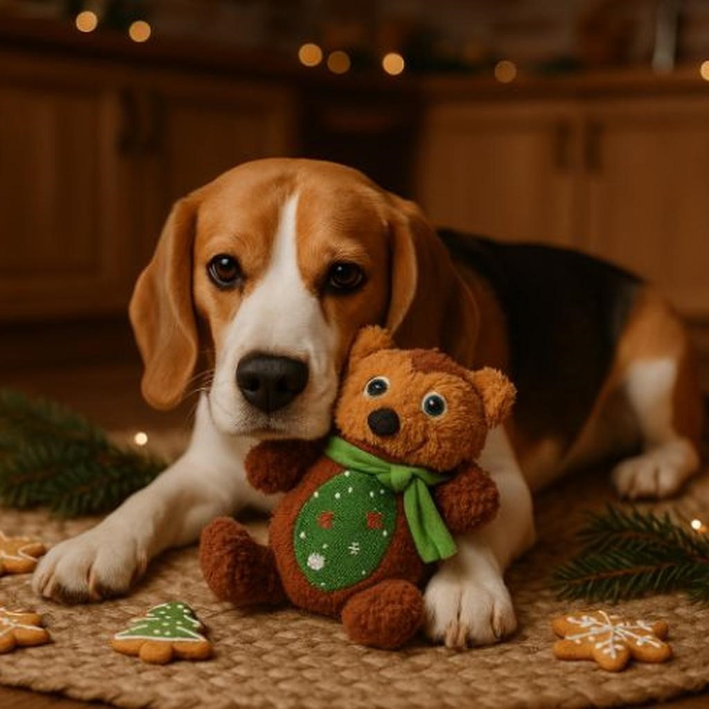 jouet pour chien pawluche de noel ourson beagle coucher tapis cuisine rustique ambiance noel