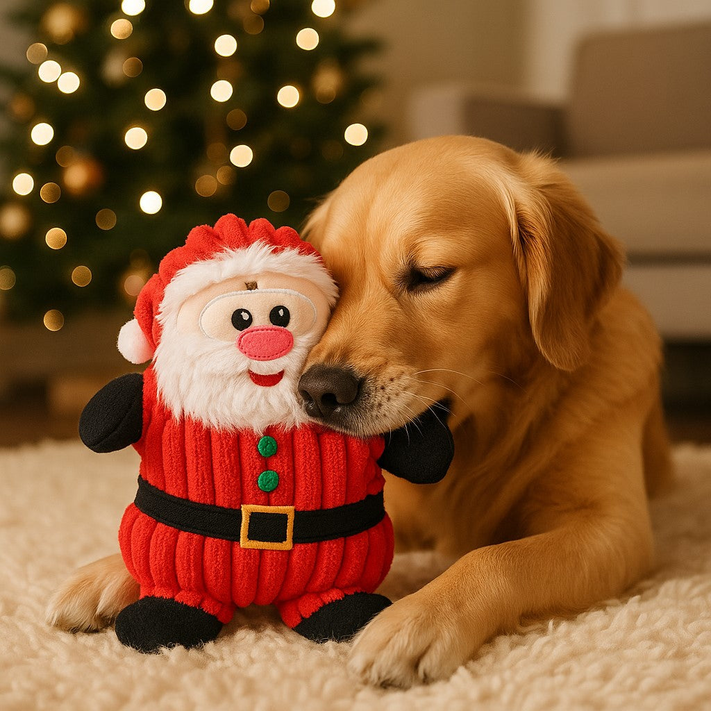 jouet pour chien pawluche de noel pere noel labrador coucher tapis devant sapin