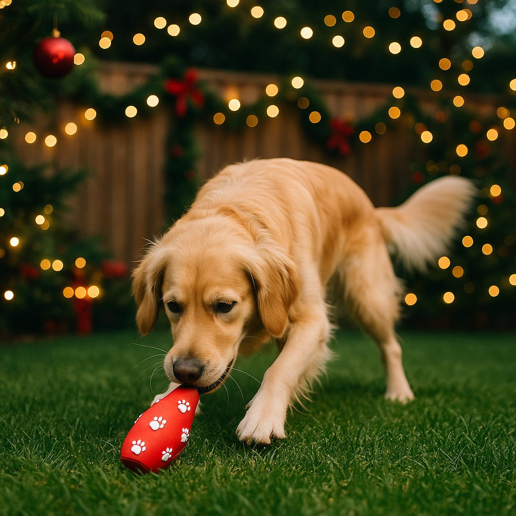 jouet pour chien xmas squeaky rouge forme quille empreintes golden retriever cour arriere style noel