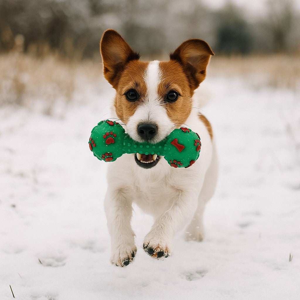 jouet pour chien xmas squeaky vert forme os empreintes et os jack russel cours dans la neige