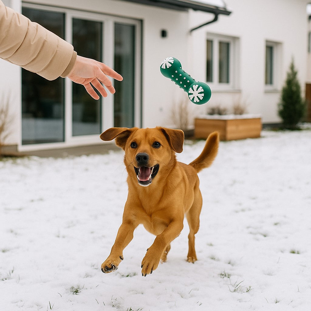 jouet pour chien xmas squeaky vert forme os flocons neige maitre jouant avec son chien
