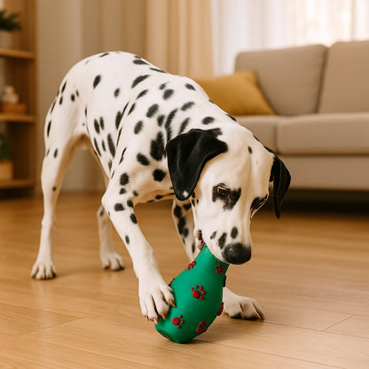 jouet pour chien xmas squeaky vert forme quille empreintes dalmatien jouant au salon