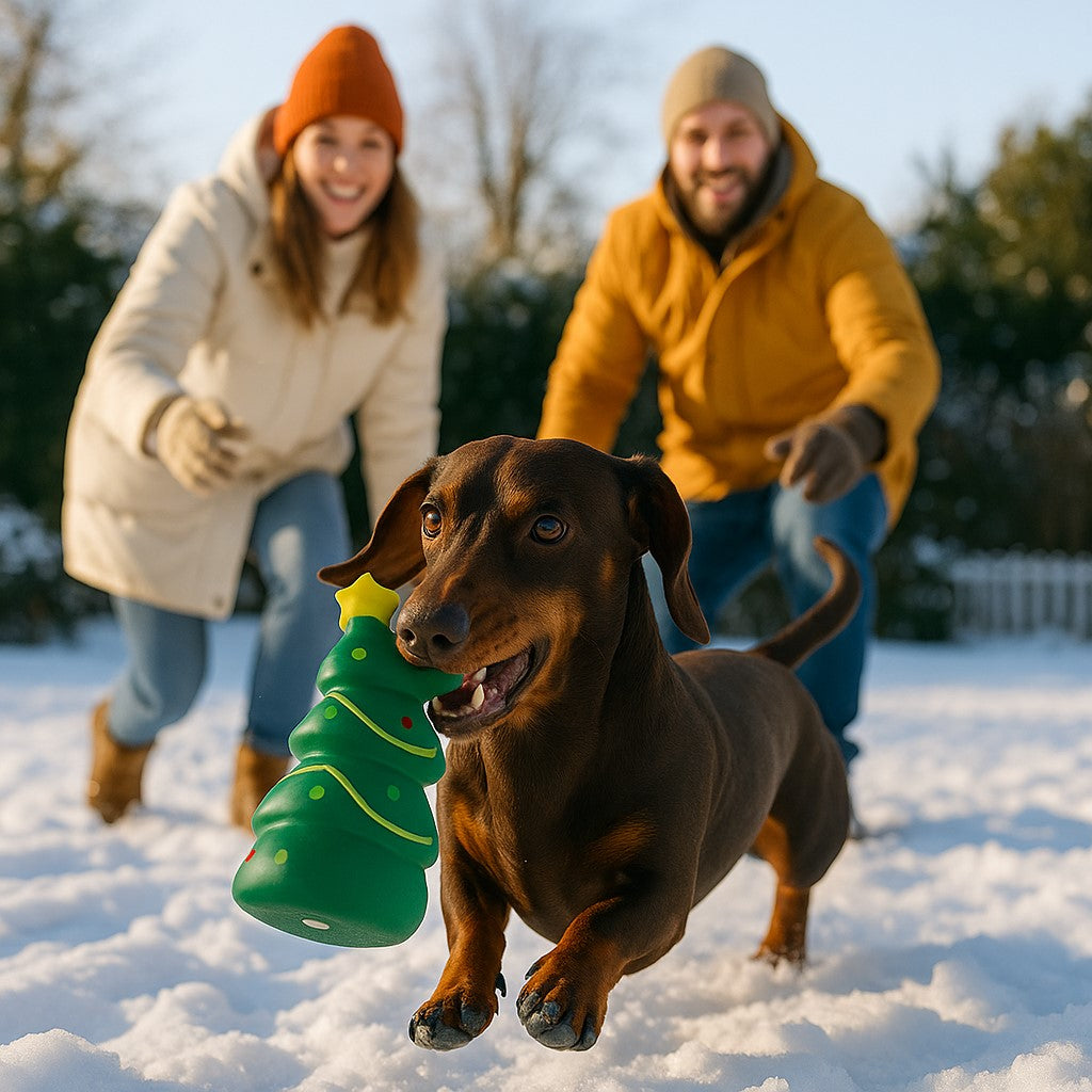 jouet pour chien xmas squeaky vert forme sapin teckel joue avec ses maitres