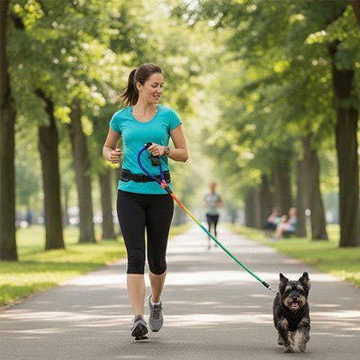 laisse chien main libre freedom walker dame balade parc avec schnauzer nain