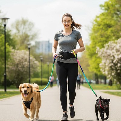 laisse chien main libre freedom walker dame court avec carlin et golden retriever