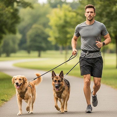 laisse chien main libre freedom walker homme jogging dans parc avec ses deux chiens