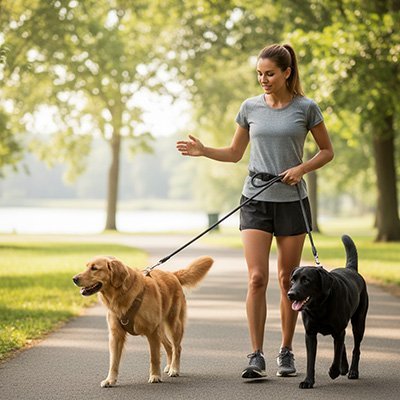 laisse chien main libre freedom walker maitresse marche avec deux grands chiens