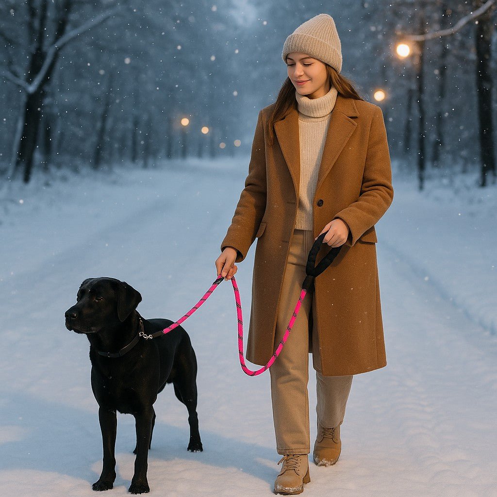 laisse pour chien caniconfort balade hivernale labrador noir maitresse